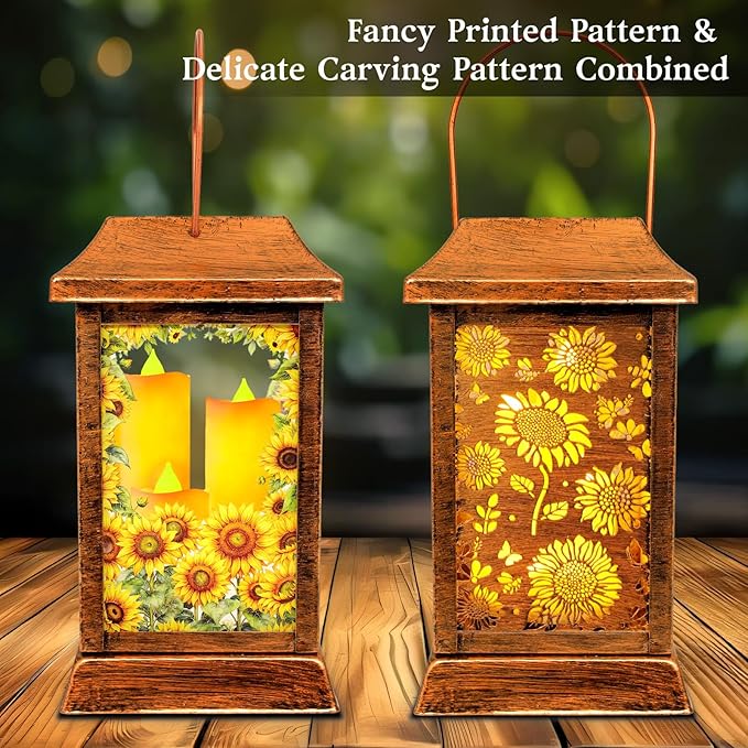 Sunflower Solar Lanterns Outdoor Waterproof, Metal & Glass Hanging Lights Garden Decor, Birthday Gifts for Women Mom Grandma Mothers Day, Decorative Lights for Outside Yard Patio Backyard Porch