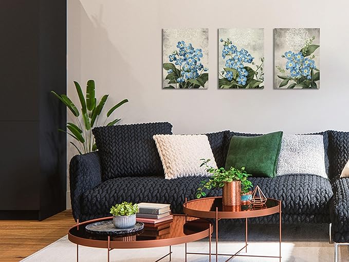 Arjun Blue Flower Wall Art Canvas Rustic Green Botanical Floral Bloosom Wildflower Vintage Grey for Bathroom Living Room Bedroom Dinning Room Kitchen Home Office Wall Decor, 12"x16"x3 Panels