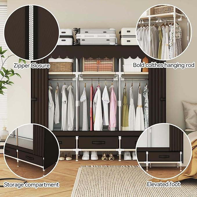Portable Wardrobe Closet Durable and Easy to Assemble Heavy Duty Clothes Rack with Non-Woven Cover Fabric Best for Bedroom and Easy Storage and Organization (Brown-A)
