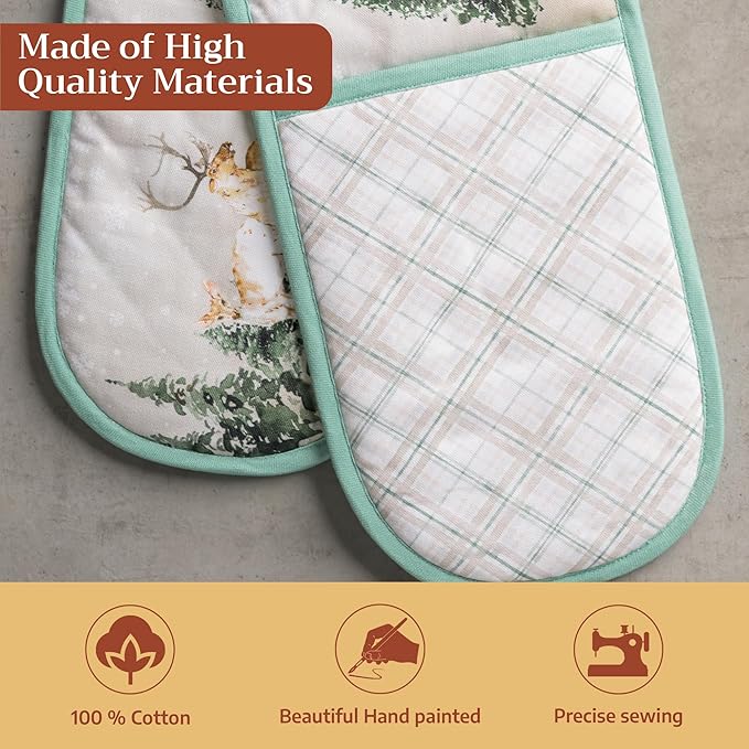 Maison d' Hermine Double Oven Mitt (7" x 35") 100% Cotton Heat Resistant BBQ Cooking Gloves with Loop for Thanksgiving Christmas Decorations Baking Cooking Handling Hot Pan (Deer in The Woods)