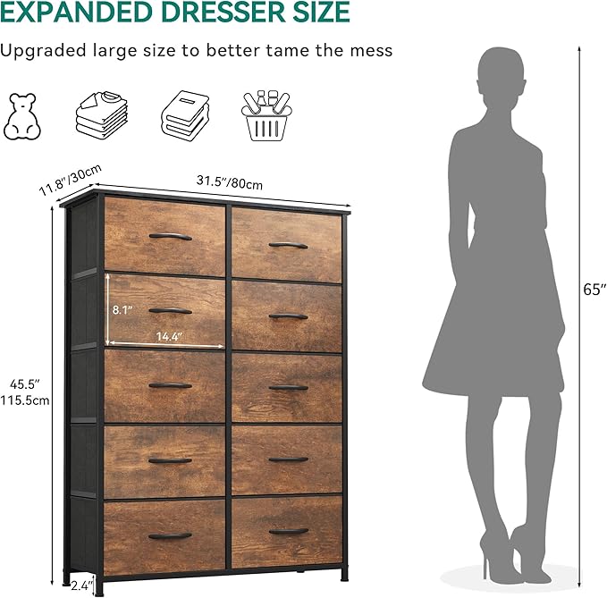 YITAHOME 10-Drawer Fabric Dresser, Furniture Storage Tower Cabinet, Organizer for Bedroom, Living Room, Hallway, Closet, Sturdy Steel Frame, Wooden Top, Easy Pull Fabric Bins(Rustic Brown)