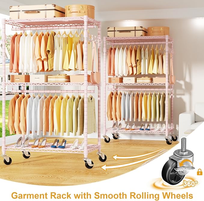 P1 Rolling Closets with Wheels and Shelves, Portable Closet Wardrobe for Clothes Hanging, Pink Clothing Storage and Organizer System for Bedroom, 35.5" W x 15.7" D x 80.5" H, Hold 500lbs