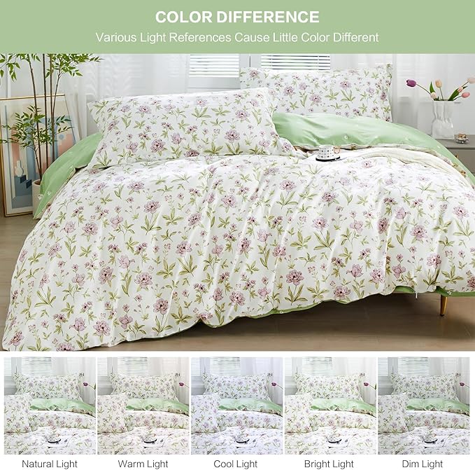 SAPHREAS Lavender Floral Duvet Cover Set Full Size 3pcs Pink Floral Green Branches Bedding Comforter Cover Set 100% Cotton 1 Duvet Cover 90"x80" 2 Pillow Shams, Comforter Not Included