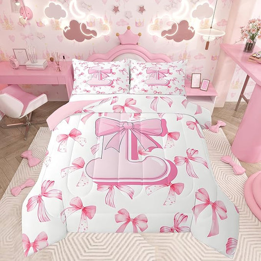 jejeloiu Kids Girls Cute Pink Bow Comforter Set Queen Size Personalized Initial L Bedding Set Ultra Soft Monogrammed Duvet Quilt Coquette Bow Knot Quilt Set Room Decor Modern Fashion Comforter