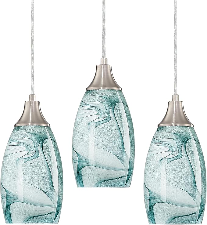 Mini Pendant Lights Kitchen Island Light Brown Glass Lamp Shade Hand Blown Glass Pendant Light with Brush Nickel Finish Adjustable Cord for Kitchen Over Sink (Green Marble-3Packs)