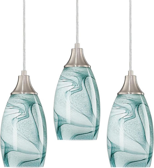 Mini Pendant Lights Kitchen Island Light Brown Glass Lamp Shade Hand Blown Glass Pendant Light with Brush Nickel Finish Adjustable Cord for Kitchen Over Sink (Green Marble-3Packs)