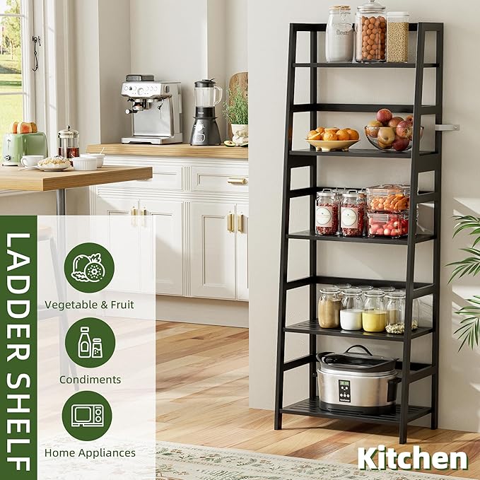 Ladder Shelf, 5-Tier Bookshelf, All Bamboo Heavy Duty Bookcase, Freestanding Open Wood Storage Rack, Modern Corner Display Plant Stand for Living Room, Home Office, Bathroom, Bedroom, Black