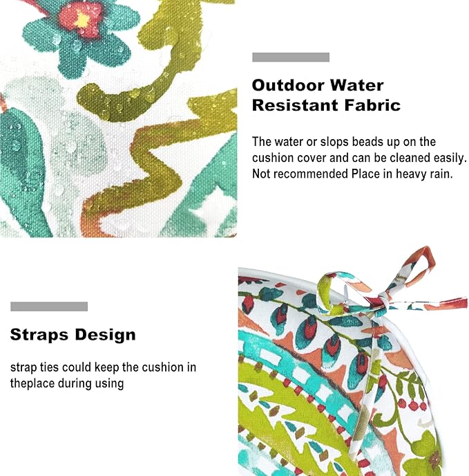 Set of 2 Outdoor Chair Cushions with Ties,Water Repellent Patio Chair Pads 17"x 16" for Outdoor Furniture,Round Corner Seat Cushions for Garden Yard Kitchen Pretty Paisley