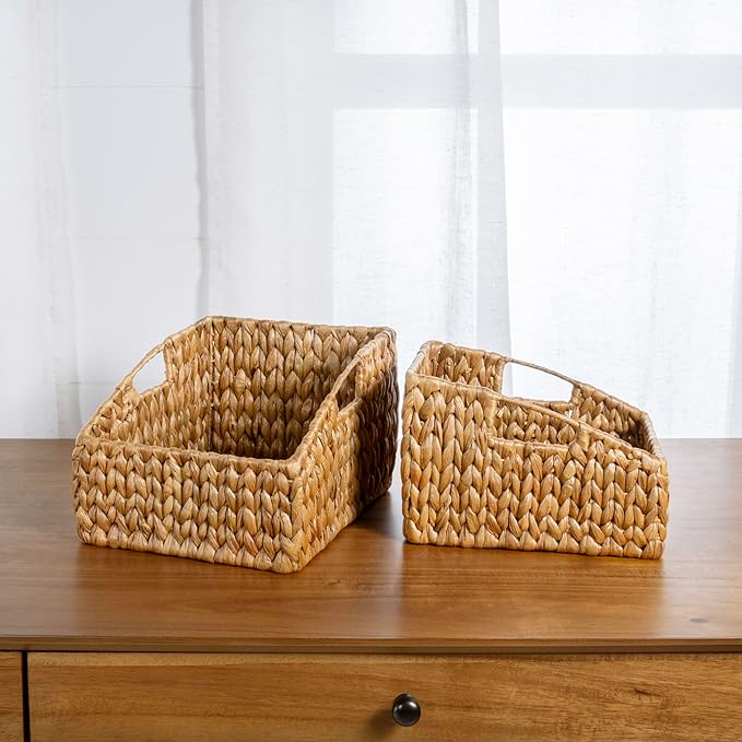 happimess BSK1007A-2SET Havanah Southwestern Hand-Woven Hyacinth Slanted Nesting Wicker Baskets with Handles, Seagrass Container for Decoration in Living Room, Bedroom, Closet, Natural (Set of 2)