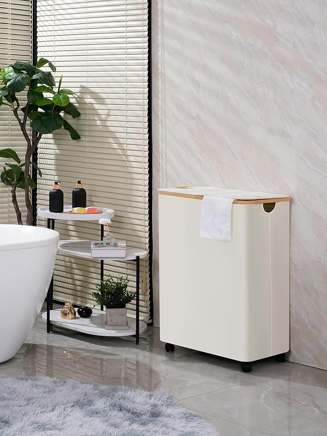 efluky Double Laundry Hamper with Wheels, Divided Laundry Hamper with Removable Bags, 2 Section Dirty Clothes Basket with Handles for Bathroom, Bedroom & Laundry Room, 160L Beige