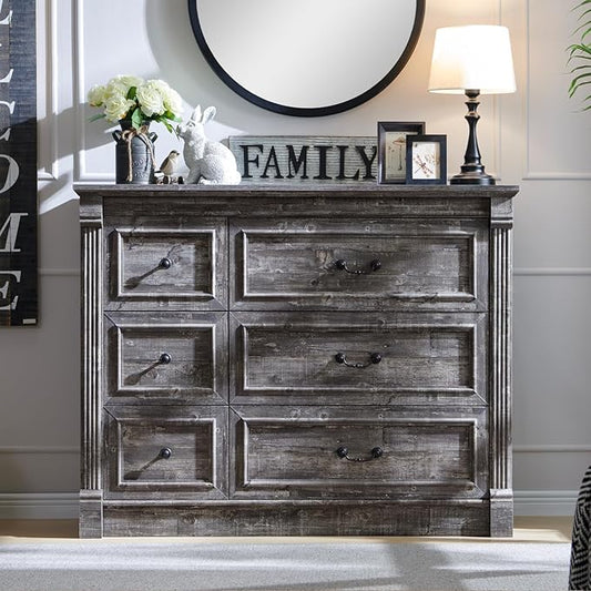 Farmhouse 6 Drawers Dresser for Bedroom, 48" Wide Large Dressers & Chests of Drawers w/Roman Column, Storage Dressers Organizer for Bedroom, Hallway, Living Room, Light Grey