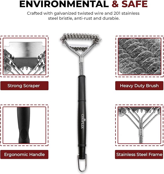 GlistenPro Bristle-Free BBQ Grill Brush with Scraper – Durable Stainless Steel Cleaning Tool for Gas & Smoker Grills – 18" Ergonomic Handle for Easy Grill - Ideal for Outdoor, Camping & BBQ Cleaning