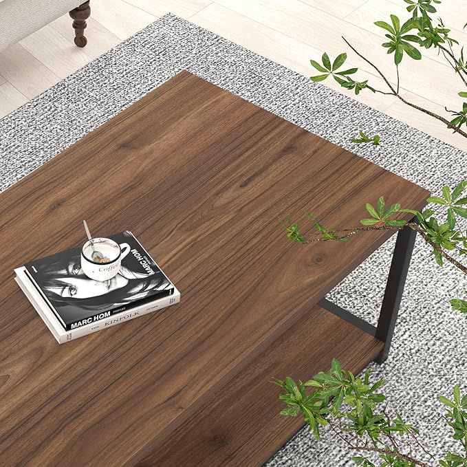 FOLUBAN Coffee Table, Modern Center Table with Storage Shelf, Rustic Wood and Metal Cocktail Table for Living Room, 39.3 Inch Walnut