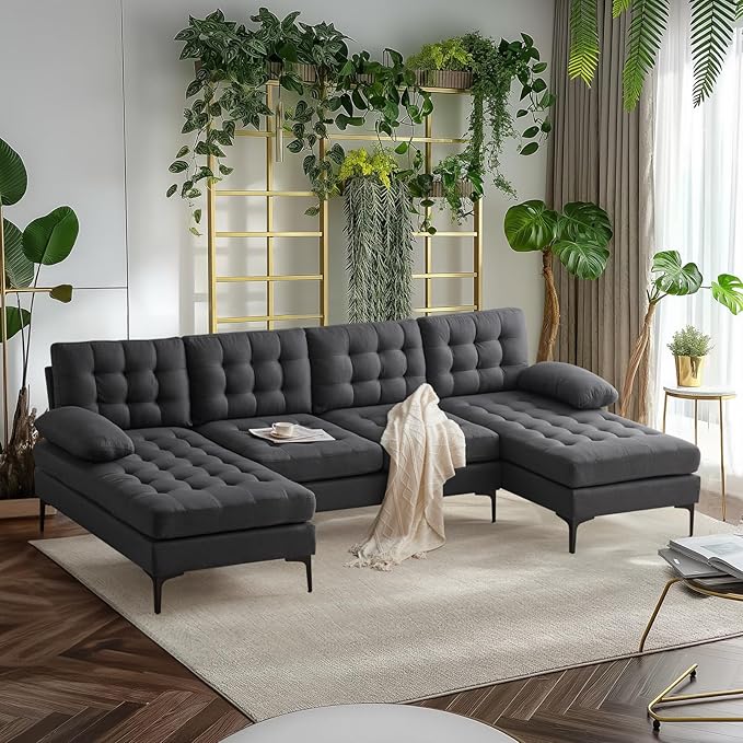 VINGLI 110" Modern U Shaped Sectional Sofa Couch with 51" D Double Chaise for Living Room, Large Tufted Button Couch Sets with 5.9" Thickness Seating Padding for Small Spaces (Grey,Tufted Button)