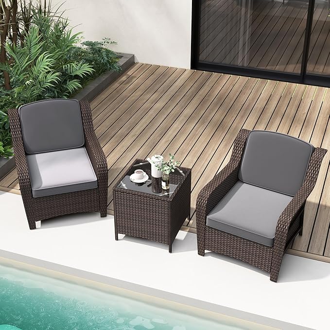 Tangkula 3 Pieces Outdoor Patio Furniture Set, Patiojoy PE Rattan Wicker Chairs with Cushions and Tempered Glass Coffee Table, Outdoor Wicker Conversation Bistro Set for Porch, Balcony, Garden (Gray)