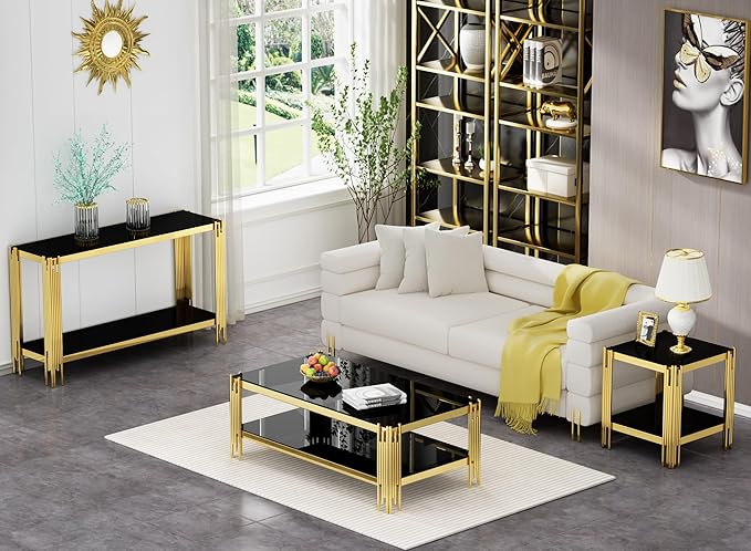 3 Pieces Glass Living Room Table Set Modern Coffee Table Console Table End Table Set with Storage 2-Tier Glass Gold Coffee Table Set w/Stainless Steel Frame for Apartment Home Office