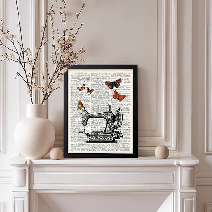 Poster Master Dictionary Art Poster - Sewing Machine Print - Sewing Art - Butterfly Art - Gift for Men, Women & Dressmaker - Chic Decor for Living Room, Bedroom or Office, 8x10 Black Framed
