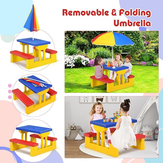 Kids Picnic Table, Toddler Picnic Table with Removable & Foldable Umbrella, Plastic Children Patio Furniture for Garden Backyard, Kids Outdoor Table, Multicolored