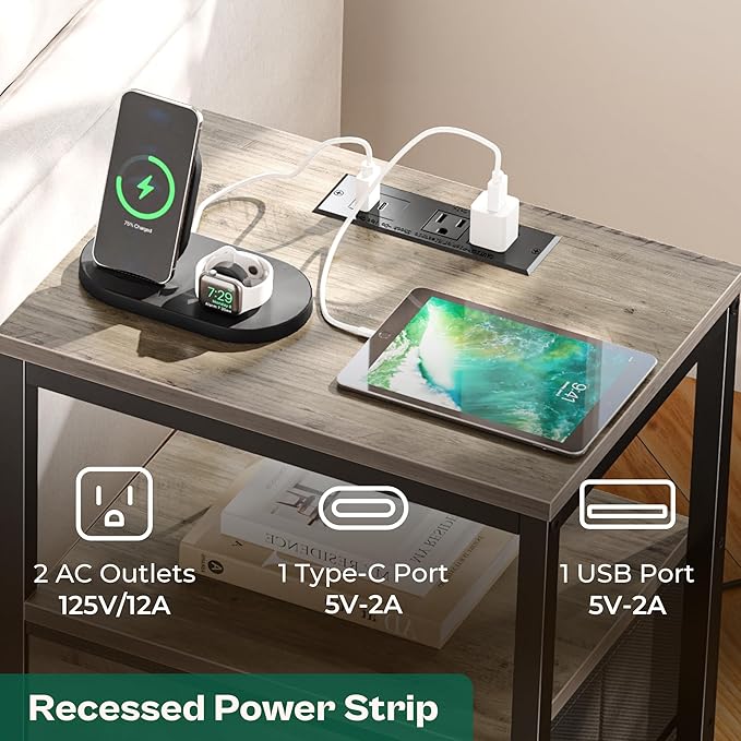 Huuger Nightstand with Charging Station, 27.6 Inch End Table Bedside Table with USB Ports and Outlets, Night Stand for Bedroom, Fabric Drawers, Oak