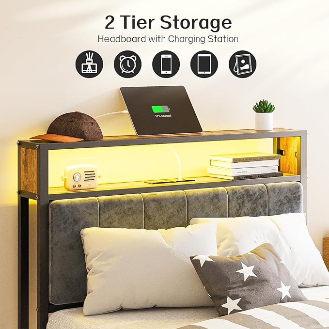 OLEVS Twin Bed Frame with LED Light Storage Headboard and Charging Station Type C, Metal Platform Bed Twin Size,No Box Spring Needed, Noise Free, Easy Assembly