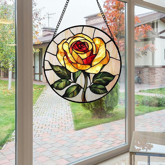 Stained Glass Window Hanging - Elegant Yellow Rose Flower Sun Catcher for Door Garden Home Decor Suncatcher Christmas Mother's Day Birthday Gifts for Women Mom Girl Nana Friend 15 in