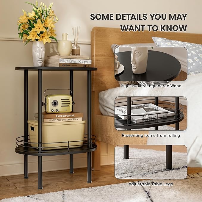 Round Side Table Set of 2,Bedside Table with Storage, Morden Round Nightstand, Samll Side Table for Living Room，Bathroom，Bedroom, Nursery, Laundry, Black