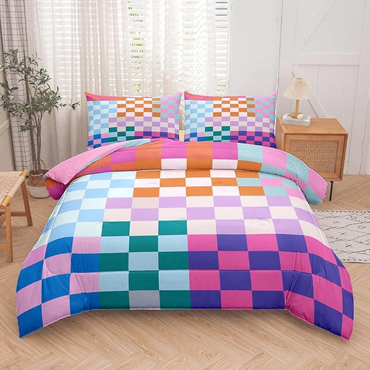 Tailor Shop Plaid Comforter Sets Full Bedding Set Women Men Checkerboard Grid Bedding Boys Girls Checkered Geometric Room Decor with 2 Pillowcases