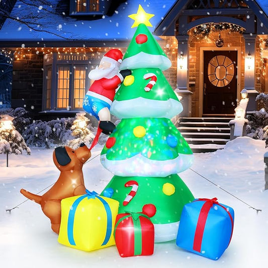 7.5FT Christmas Inflatable Outdoor Decoration Christmas Tree Christmas Dog Santa with 3 Gift Boxes Build-in Colorful LED Lights, Blow up Christmas Tree Decorations for Holiday Xmas Yard Patio Lawn