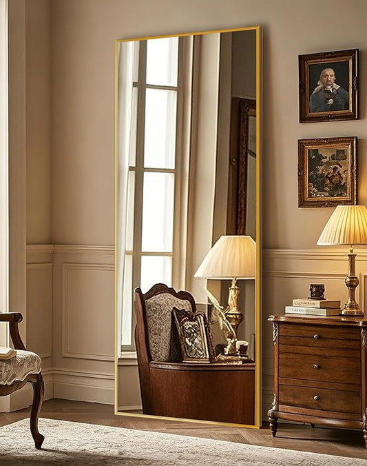 Delma Full Length Standing Mirror,Large Floor Mirror with Aluminum Frame for Bedroom, Bathroom, Living Room,Wall Mount or Freestanding Design(with Stand,Rect 69x24-Gold)