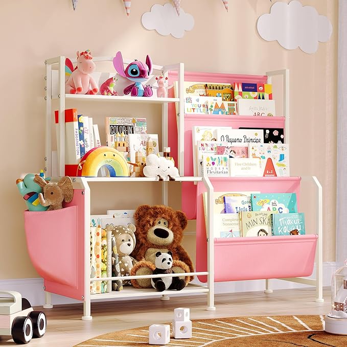 Kids Bookshelf and Toy Organizer, 3 Tier Girls Pink Bookshelf for Kids, Nursery Book Shelves, Toddler Book Shelf, Kids Book Shelf for Kid Room, White/Pink