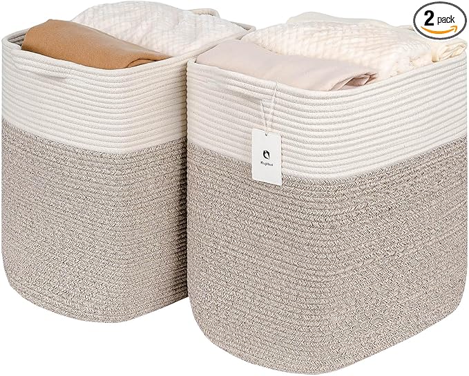 Tall Storage Baskets for Clothes Fabric Cotton Rope Storage Basket bin with Handles, Decorative Woven Basket for Living Room,Closet Organizer Blankets, and 2bags Brown 17.8×W12.5×H17.9)