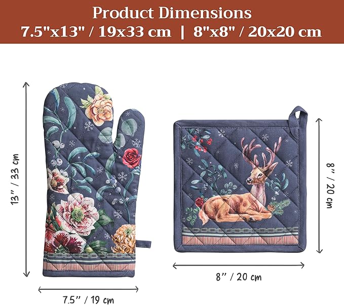 Maison d' Hermine 100% Cotton Oven Mitt & Pot Holder Set (7.5"x13" & 8"x8") Heat Resistant BBQ Cooking Gloves with Loop for Thanksgiving Christmas Decorations Handling Hot Pans (Christmas Joy)