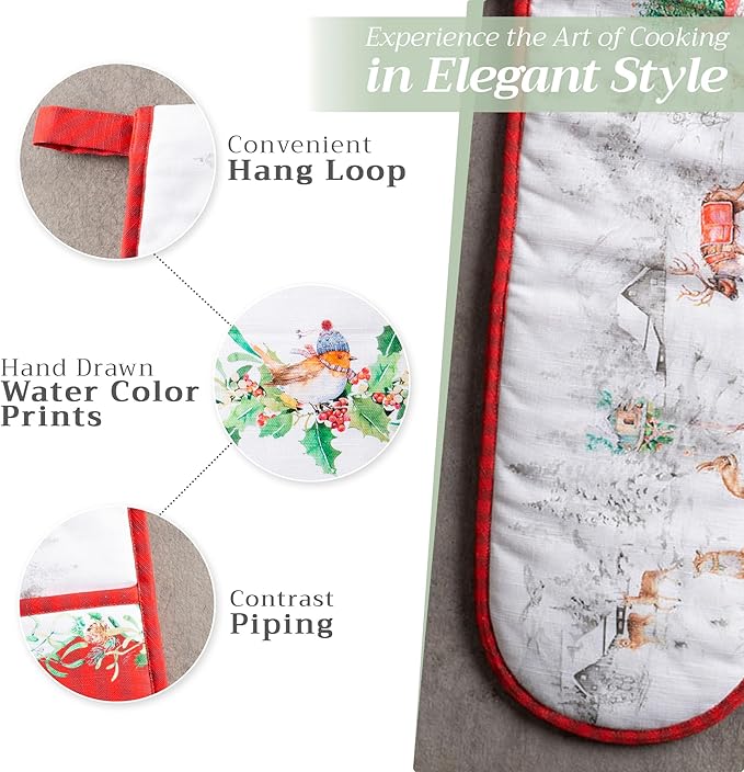 Maison d' Hermine Double Oven Mitt (7" x 35") 100% Cotton Heat Resistant BBQ Cooking Gloves with Loop for Thanksgiving Christmas Decorations Baking Cooking Handling Hot Pan (Christmas Tradition)