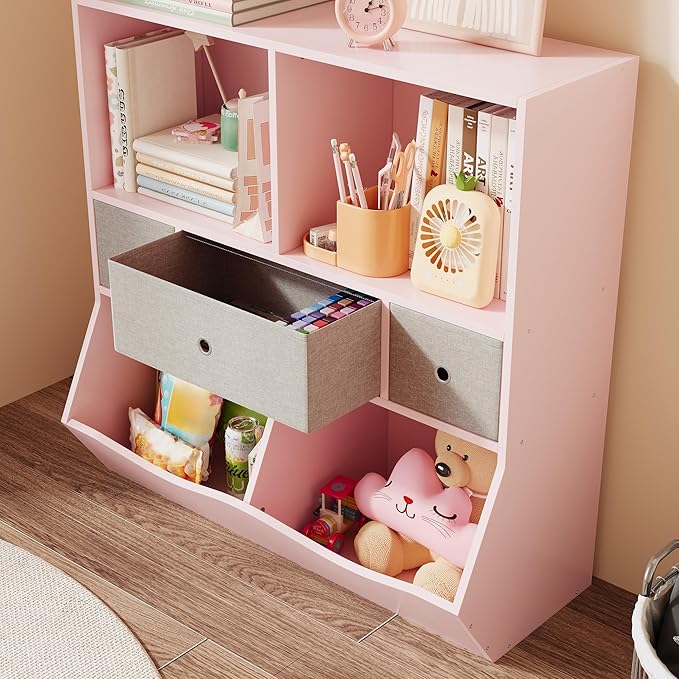 GAOMON 7-Cubby Large Kids Toy Storage Organizer, Children Wood Bookcase and Bookshelf, 3-Tier Toy Storage Cabinet with 3 Drawers for Hallway, Playroom, Living Room, School,Pink