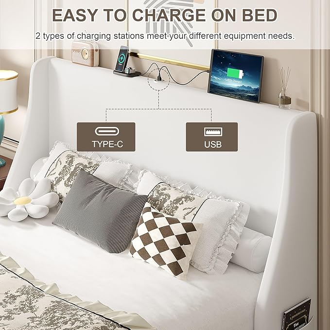 VECELO Queen Bed Frame with Upholstered Wingback Headboard, Heavy-Duty Platform Bedframe with Charging Station, Wooden Slats, No Box Spring Needed, White