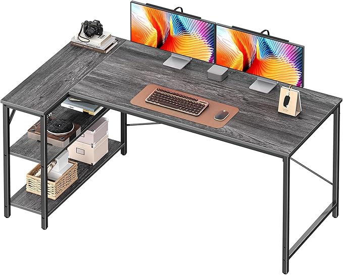 Huuger L Shaped Desk, 55 Inches Computer Desk with Reversible Storage Shelves, for Gaming Corner Home Office Writing Study, Metal Frame, Gray