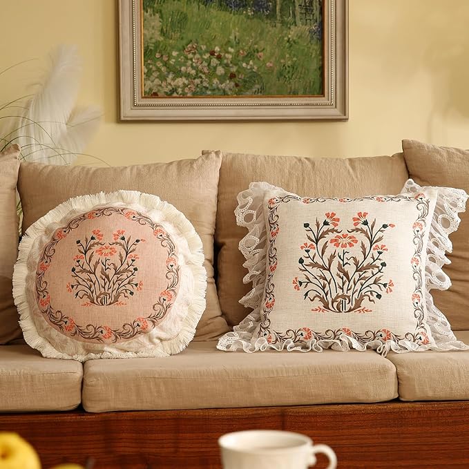 Design Linen Round Throw Pillow Covers Diameter 16", French Country Cushion Covers with Pink Heavy Lilies Floral Pattern Decor Pillowcases for Bed, Living Room, Outdoor, Car