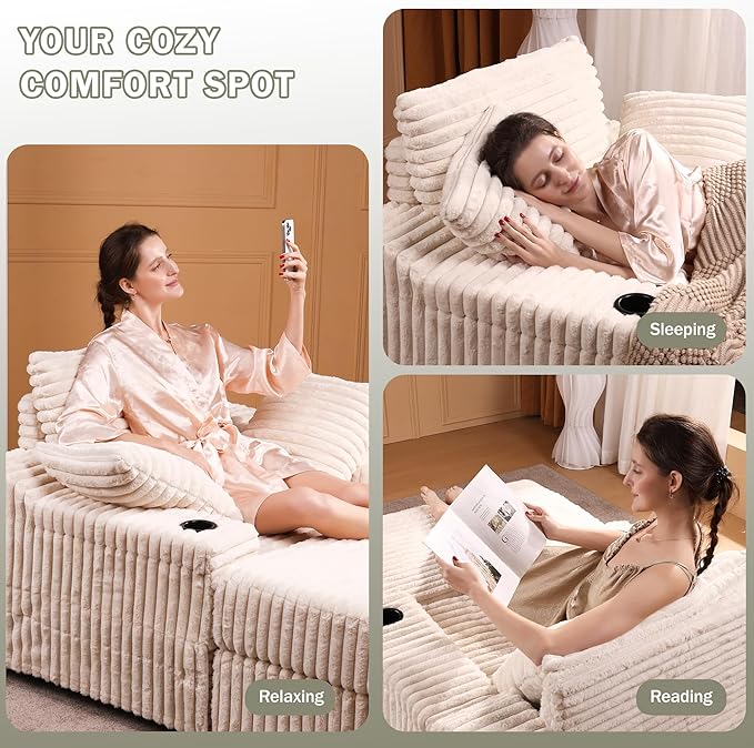 Garvee Oversized Chaise Lounge Chair Indoor with Storage Ottoman, Upholstered Corduroy Sofa Bed Cloud Couch with 3 Pillows, Single Sleeper Sofa Chair for Living Room, Bedroom