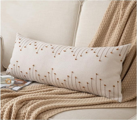 Caflife Boho Lumbar Pillow Cover 14x36 Long Pack of 1 Decorative Pillows Bed, Beige with Brown Body Throw Pillow Covers, for Modern Farmhouse Sofa Bedroom Living Room Home Decor Couch Pillowcase