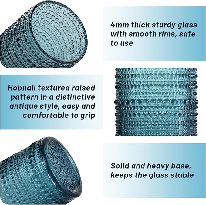 Hobnail Drinking Glasses Set of 6, Vintage Colored Glassware 14.5oz, Tall Beverage Glass Cups for Water, Juice, Cocktail (Blue)