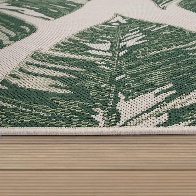Tropical Outdoor Rug Jungle Leaves Design for Patio in Green Beige, Size: 3'11" x 5'7"