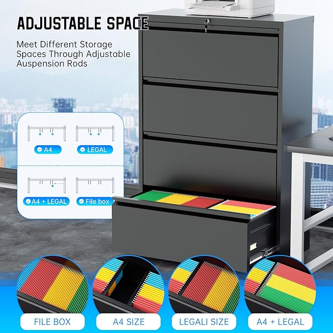 Greenvelly 4 Drawer Lateral File Cabinet with Lock, Black Locking Lateral Filing Cabinet with Drawers, Office Metal File Cabinets for Legal Letter Size with Keys and Hanging Frame