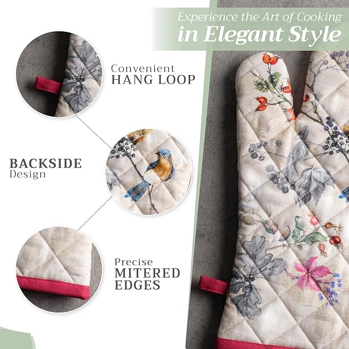 Maison d' Hermine 100% Cotton Oven Mitt & Pot Holder Set (7.5"x13" & 8"x8") Heat Resistant BBQ Cooking Gloves with Loop for Thanksgiving Christmas Decorations Handling Hot Pans (Equinoxe - Beige)