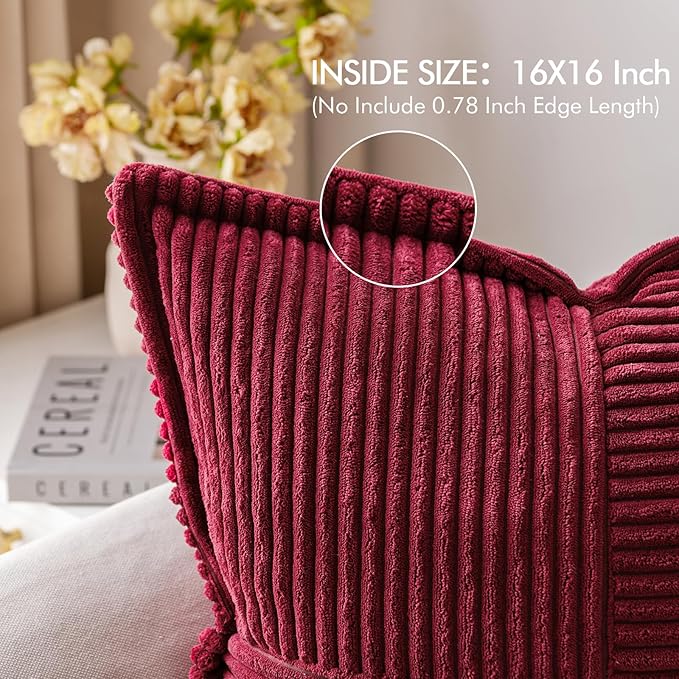 MIULEE Christmas Decorative Throw Pillow Covers for Couch Bed Livingroom 16x16 Inch Set of 2 Burgundy Boho Accent Throw Pllows Broadside Striped Patchwork Soft Corduroy Pillowcases