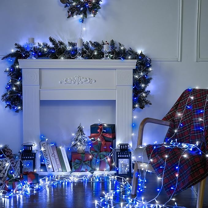 JMEXSUSS 500 LED Blue and White Christmas Lights, 8 Modes 163ft String Lights Plug in with Remote Control, Clear Wire Christmas String Lights Outdoor Waterproof for Outside Tree Yard Wedding