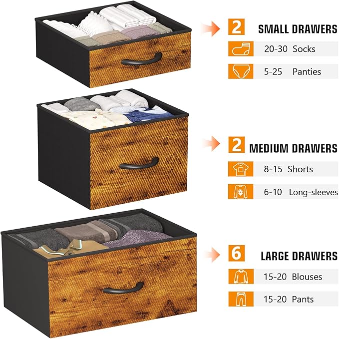 10 Drawer Dresser, Chest of Drawers for Bedroom, Fabric Dresser Drawers with Side Pockets, Hooks, Wooden Top and Sturdy Metal Frame for Living Room, Closet, Hallway (Brown)