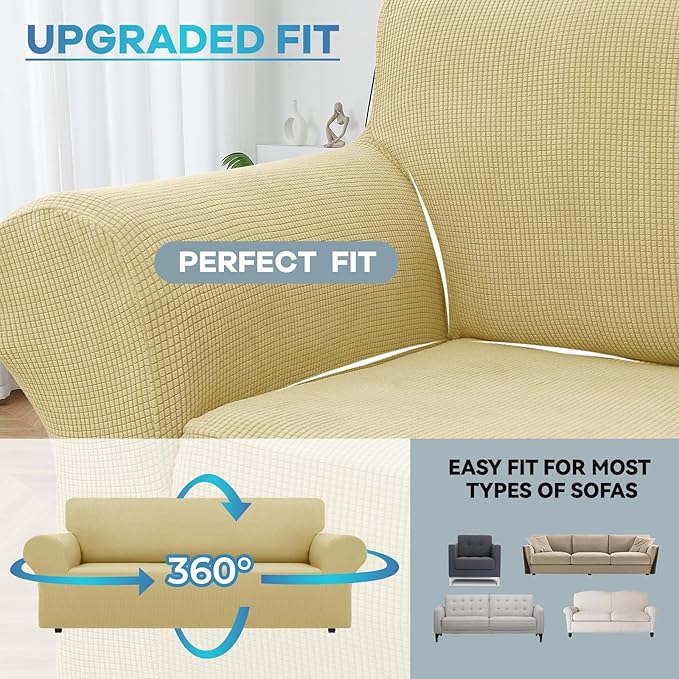 LURKA Stretch Sofa Slipcovers 1 Piece Couch Covers for 3 Cushion Couch Sofa Furniture Protector Full Sofa Covers with Elastic Bottom for Kids and Dog (Champagne, Large)