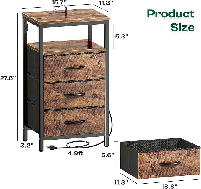 Huuger Night Stand with Charger Station and LED Lights, 3 Drawer Nightstand, Bed Side Table with Open Shelf, End Table, Tall Fabric Dresser for Bedroom, Rustic Brown