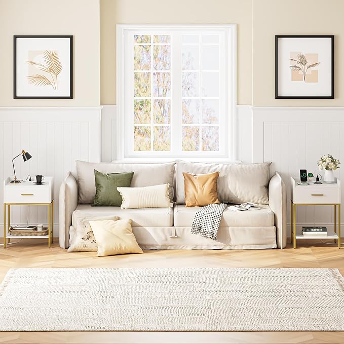 Nightstand with Charging Station,3-Tier Bedside Table for Small Space,Modern Night Stand with Storage Drawer and Shelf,Small Side Table for Bedroom,Living Room,White