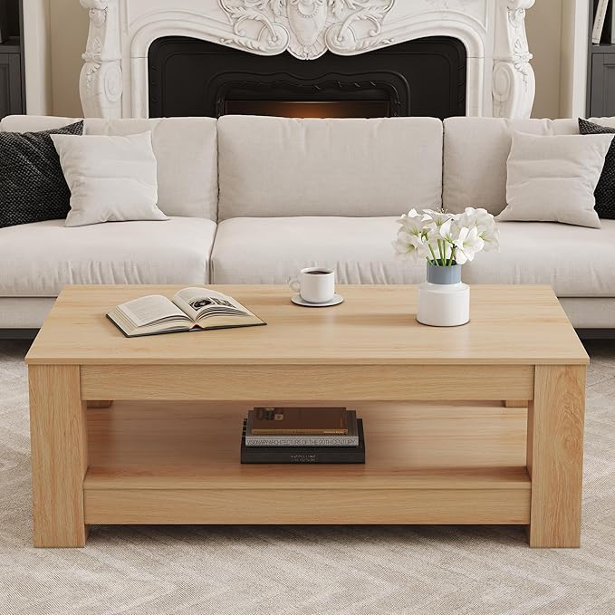 43.3" Coffee Table with Storage, 2-Tier Mid Century Rectangular Accent Table with Thick Tabletop, Rustic Style Cocktail, Center Table for Living Room, Office, Apartment (Natural Wood)